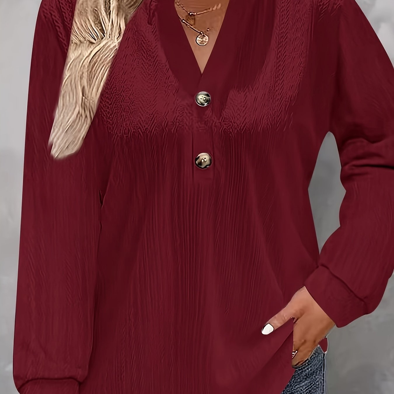 Pink Women's Long Sleeve V-Neck T-Shirt with Button Detail for Fall Winter
