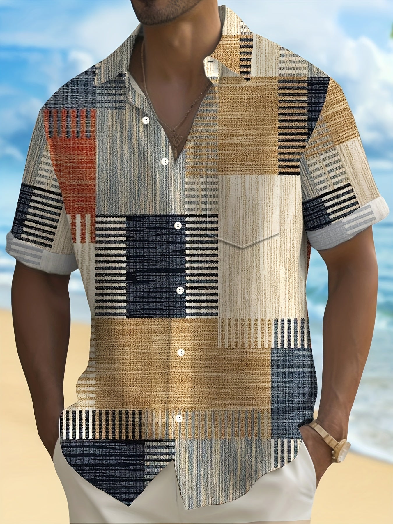 Рубашка для мужчин с карманом в винтажном геометрическом принте большого размера