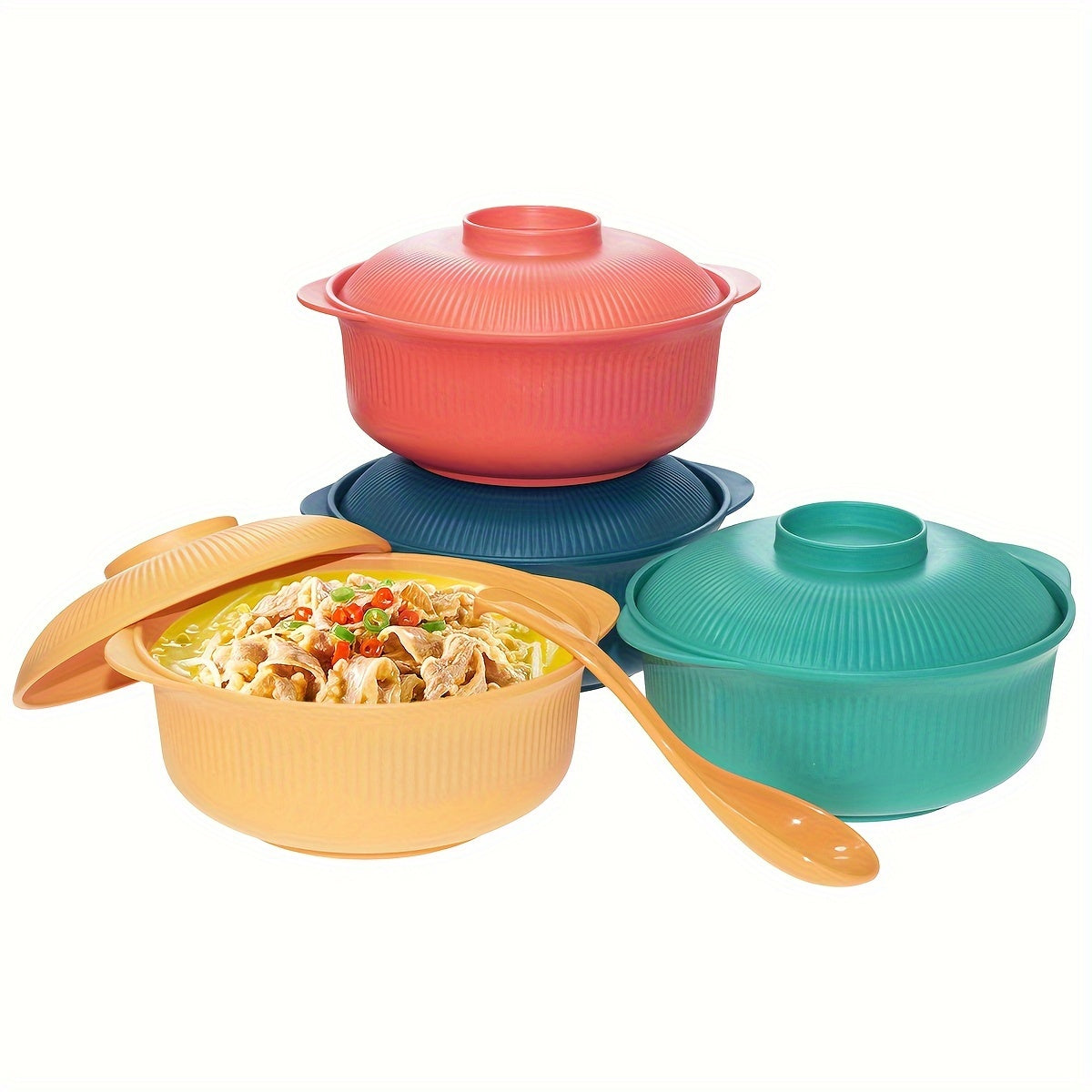 Large Capacity Plastic Food Storage Bowls Set with Lids and Spoons for Soup and Noodles
