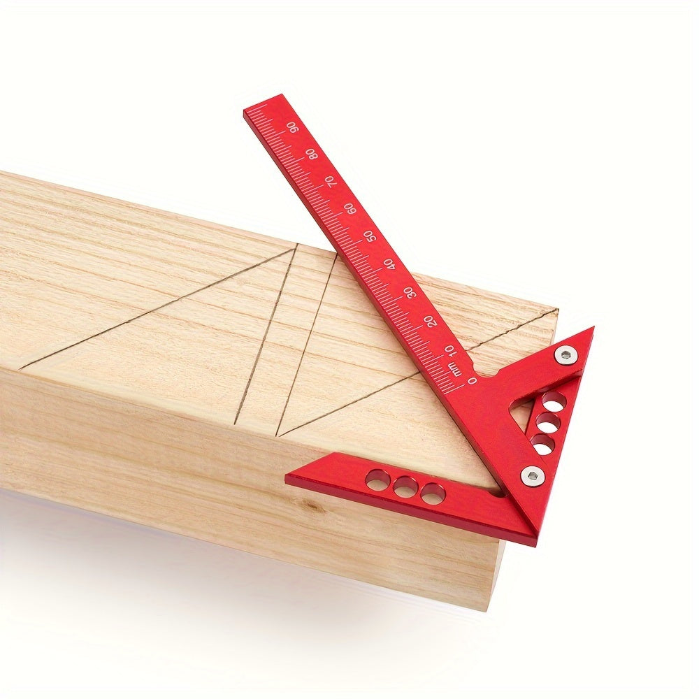 Regla de carpintería de aleación de aluminio azul con centro de marcado y medidas en pulgadas y cm