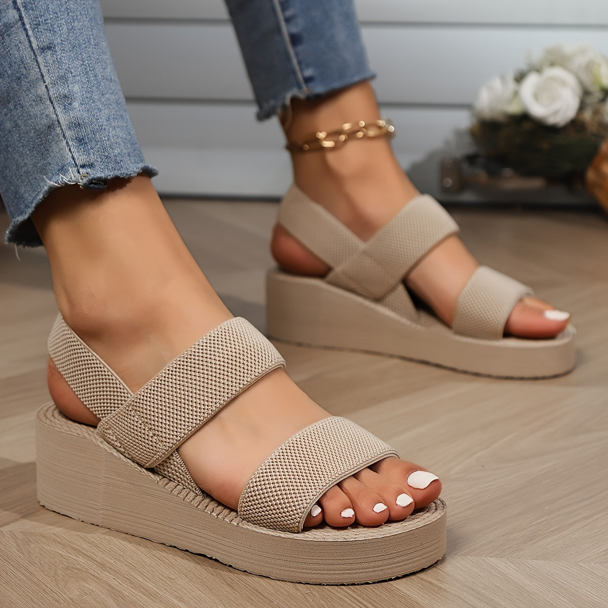 Women's Beige Platform Sandals with EVA Sole for Summer Beach Travel
