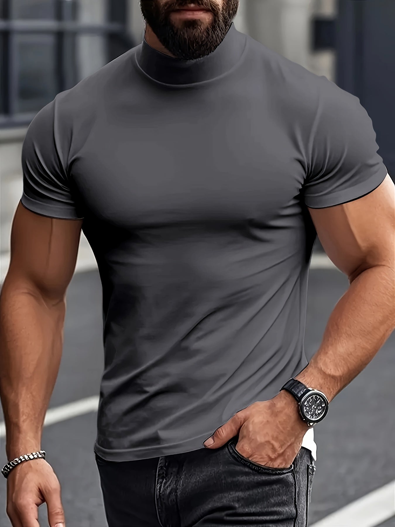 Men's Slim Fit Short Sleeve T-Shirt with Stand Collar Breathable Polyester Spandex for Gym and Outdoor Activities