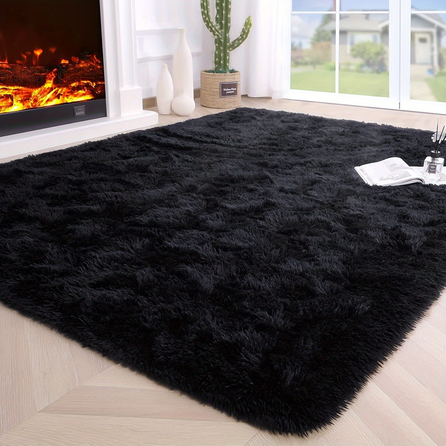 Black Soft Area Rug for Living Room Bedroom or Game Room Fuzzy Indoor Carpet