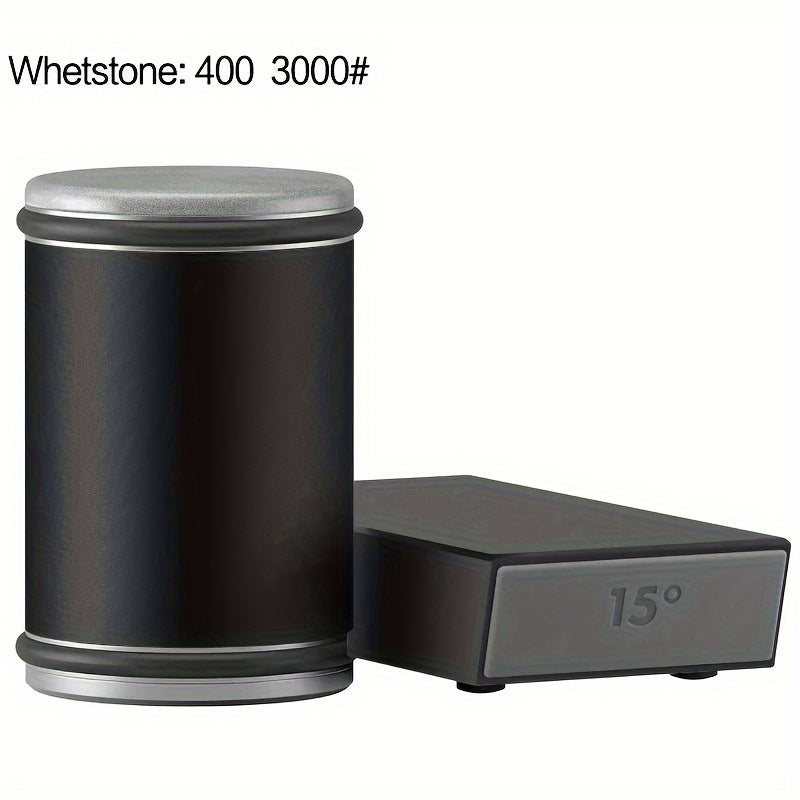 Wooden knife sharpener with diamond sharpening stone, uncharged magnetic rolling system, adjustable angle with rollers, kitchen grinding tool accessory.