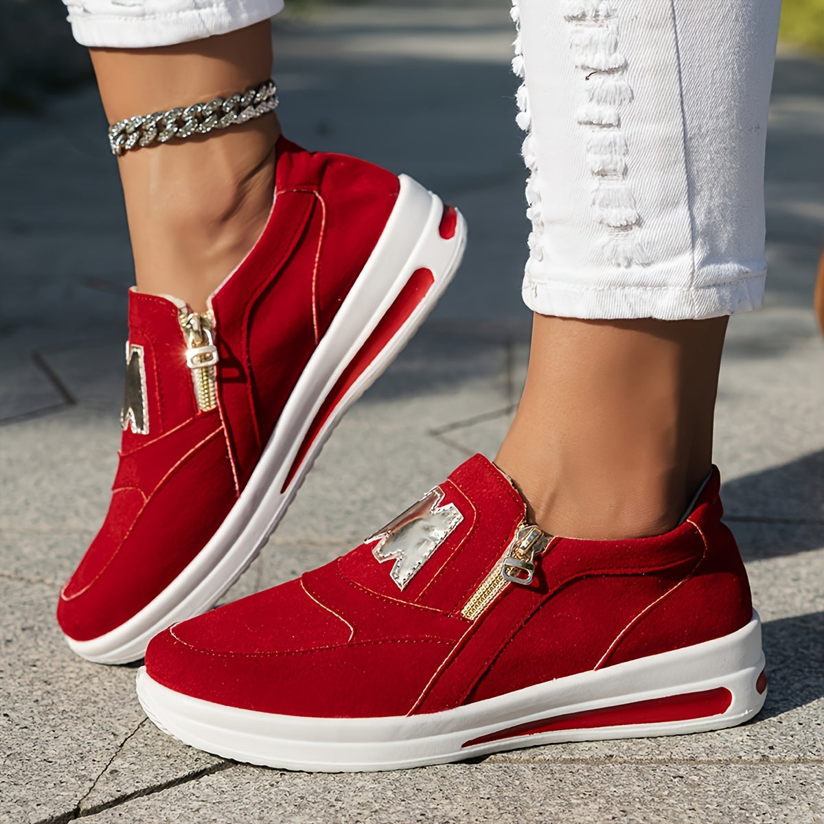 Women's Red Slip-On Sneakers with Zipper Low Top Lightweight PU Sole