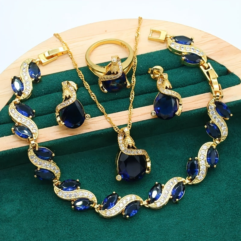 Vintage 4-Piece Jewelry Set with Blue Artificial Gemstones 18K Gold Plated for Women