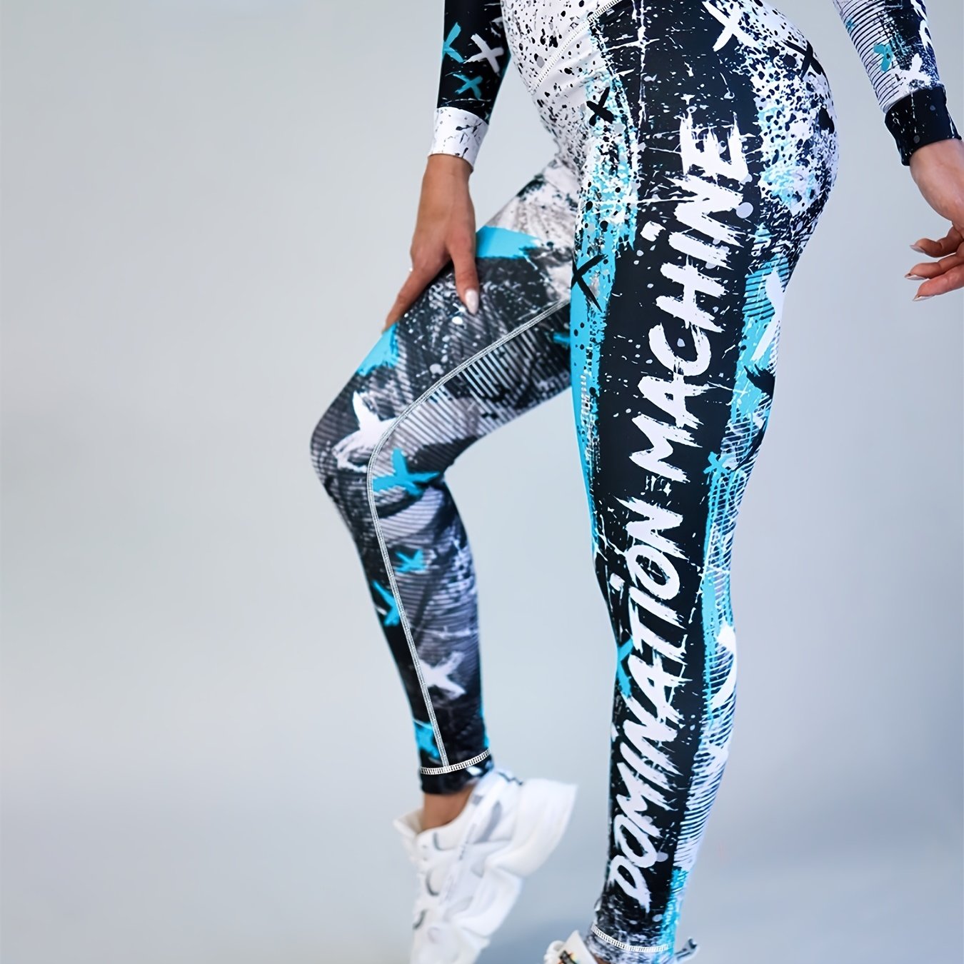 Women's High Waist Leggings with Color Block Graffiti Print Tummy Control Butt Lift for Running and Activewear