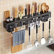 Wall-Mounted Carbon Steel Knife Rack with Hooks Towel Rod and Utensil Caddy