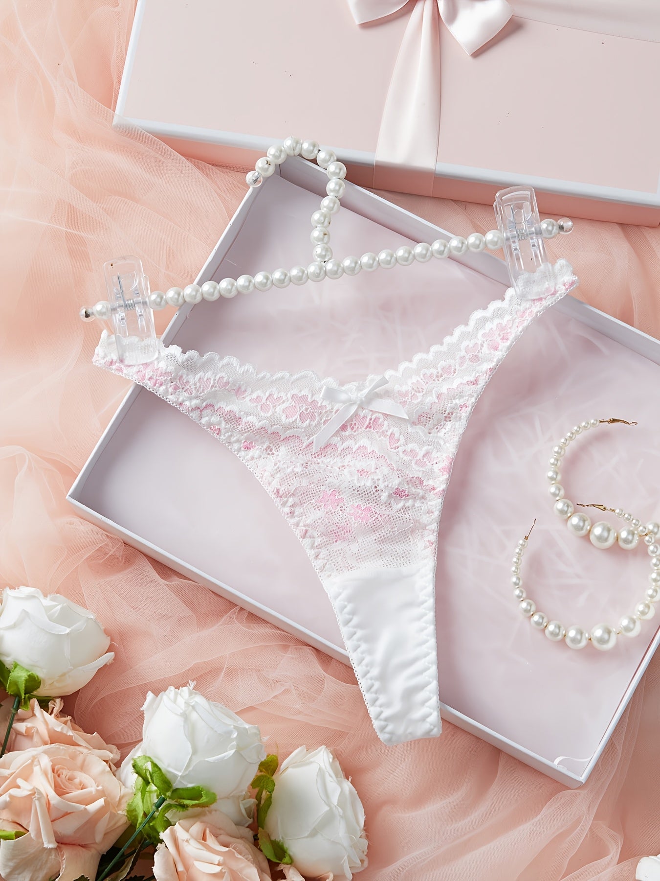 Women's Lace V‑Line Bikini Briefs with Bow Detail Low‑Rise Knit Fabric