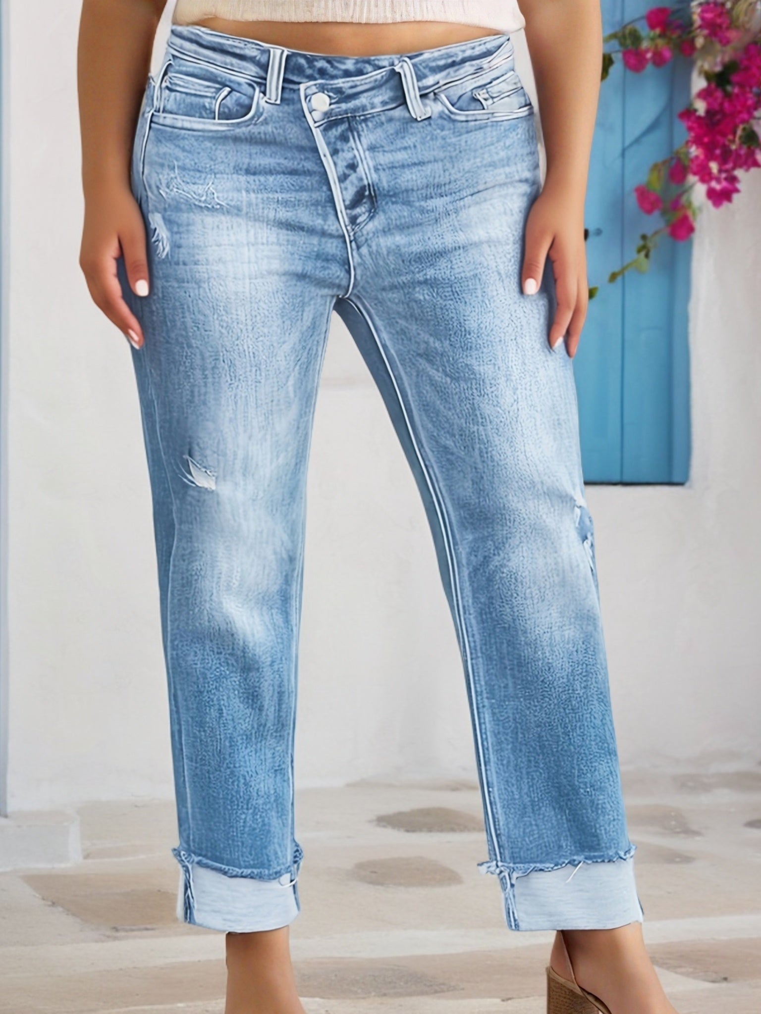 Women's Plus Size Distressed Washed Cuffed Hem Straight Leg Jeans Denim Pants For Fall