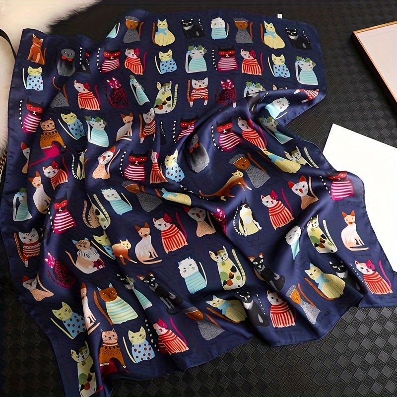 Women’s Polyester Square Scarf with Cartoon Cat Pattern Breathable Windproof Decorative