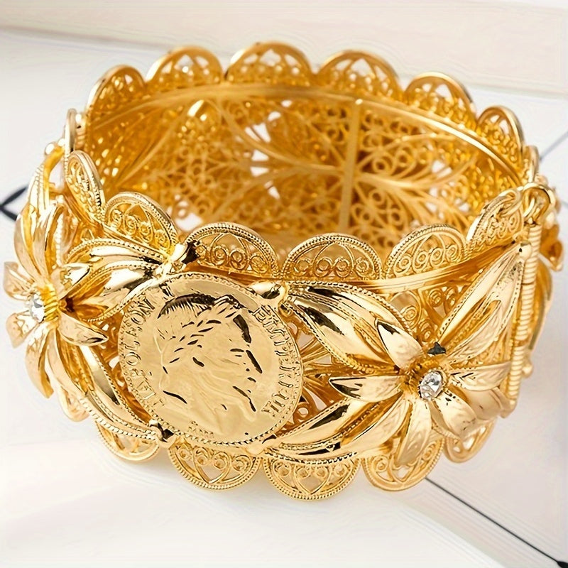 Gold-Plated Bridal Bangle with Floral and Coin Design for Women Wedding Party
