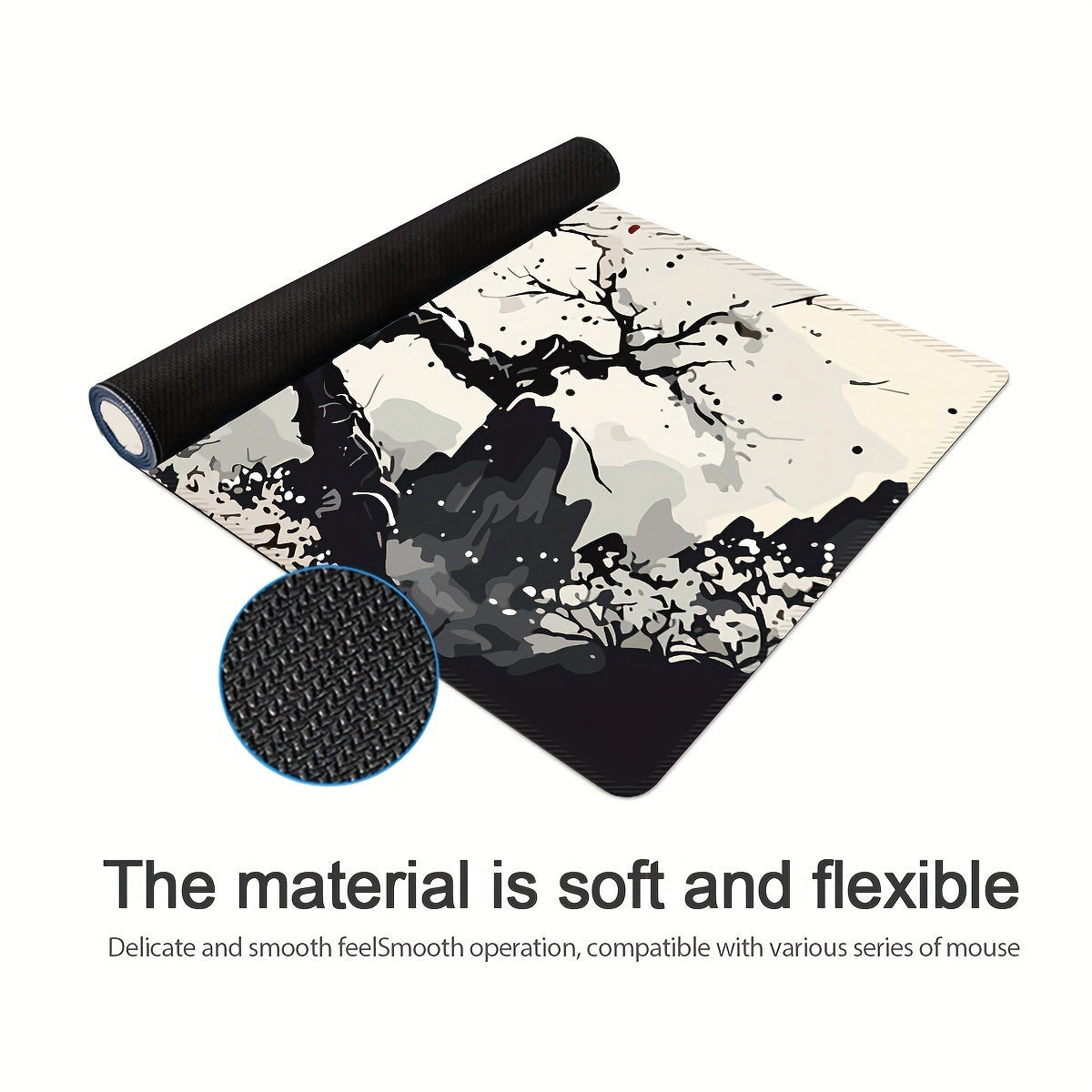 Large Gaming Mouse Pad Washable Non-Slip Rubber Desk Mat Japanese Ink Landscape Design Cherry Blossoms Mountain Scenery