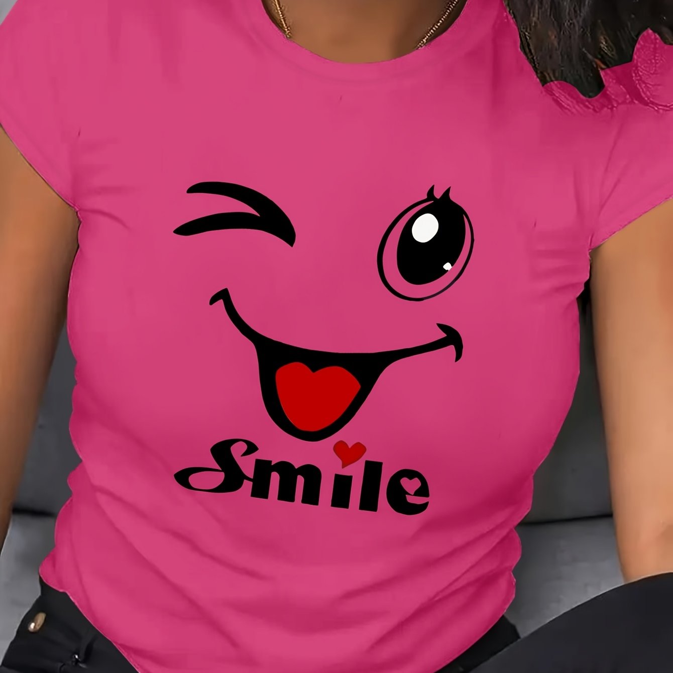 Plus Size Women's Cartoon Face T-Shirt Breathable Short Sleeve Crew Neck