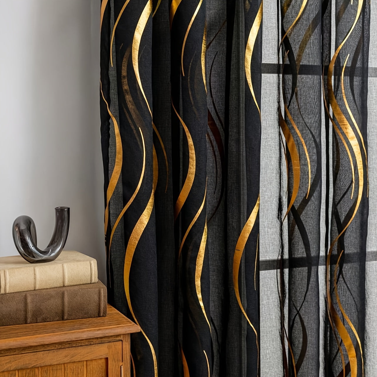 Black and White Water Ripple Pattern Curtain with Silver Hot Stamping for Window Screen