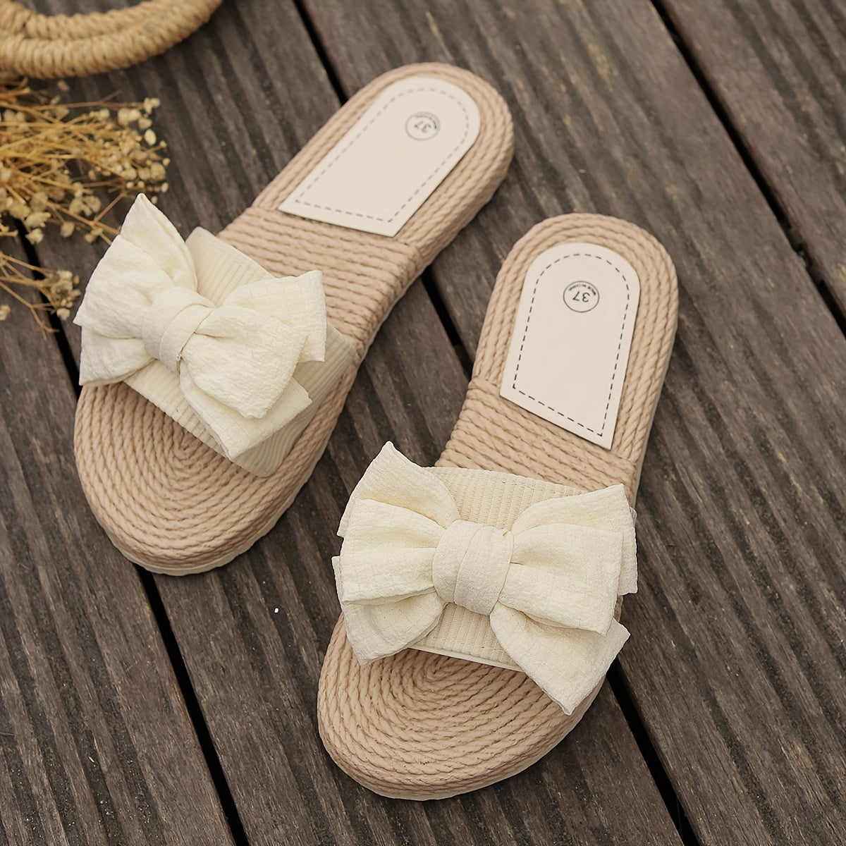 Women Solid Color Elegant Sandals Bow Decoration Summer Flat Shoes