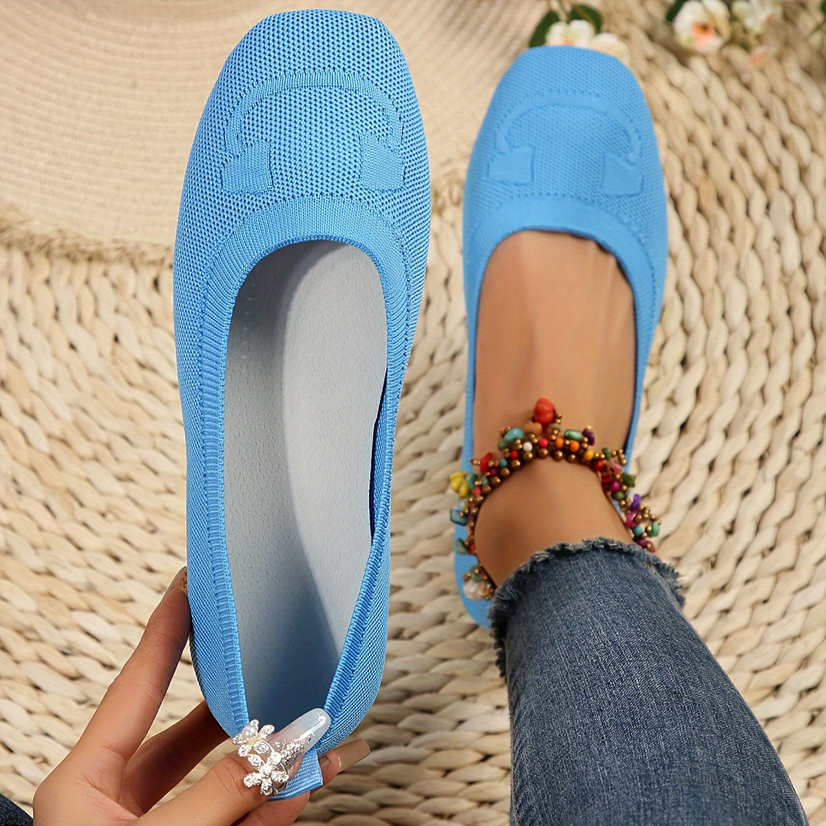 Women's Red Slip-On Knit Shoes Square Toe Breathable Casual Footwear