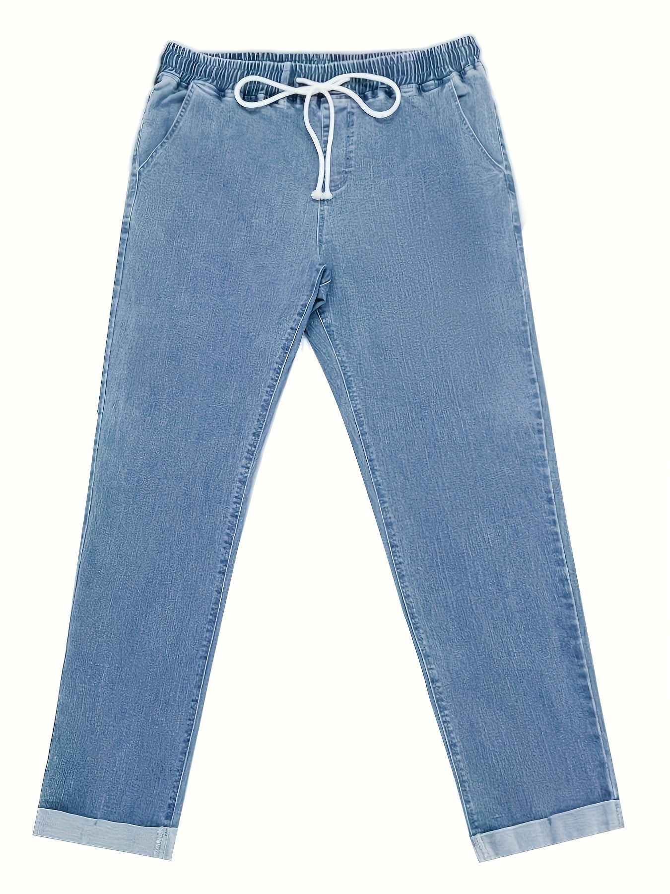 Women's Stretch Denim High-Waist Jeans Cuffed Hem Drawstring Waist