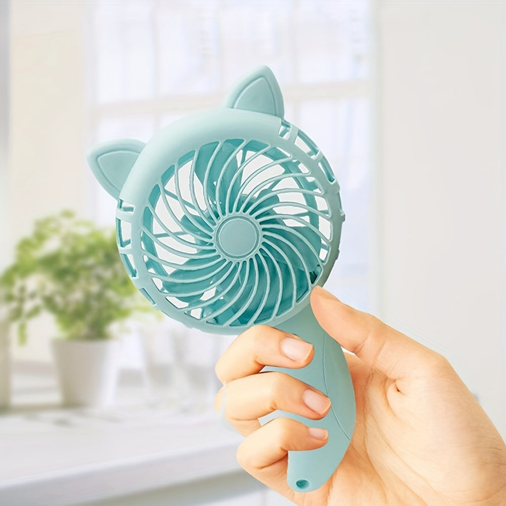 Manual Handheld Fan with Cat Ear Design Portable Personal Cooling Light Blue