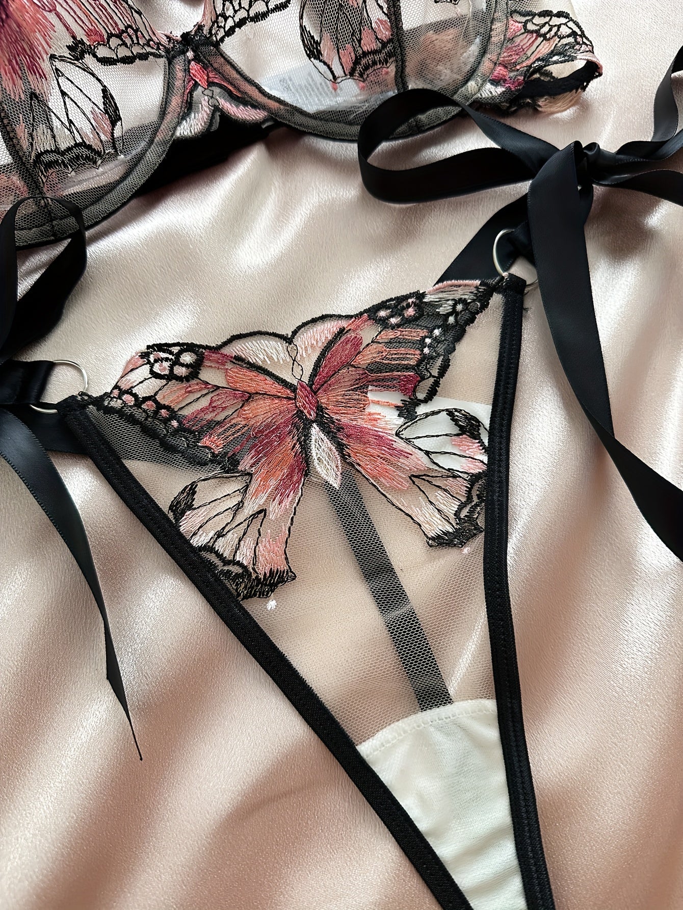 Women's Mesh Lingerie Set with Embroidered Butterfly Design Bra and Thong