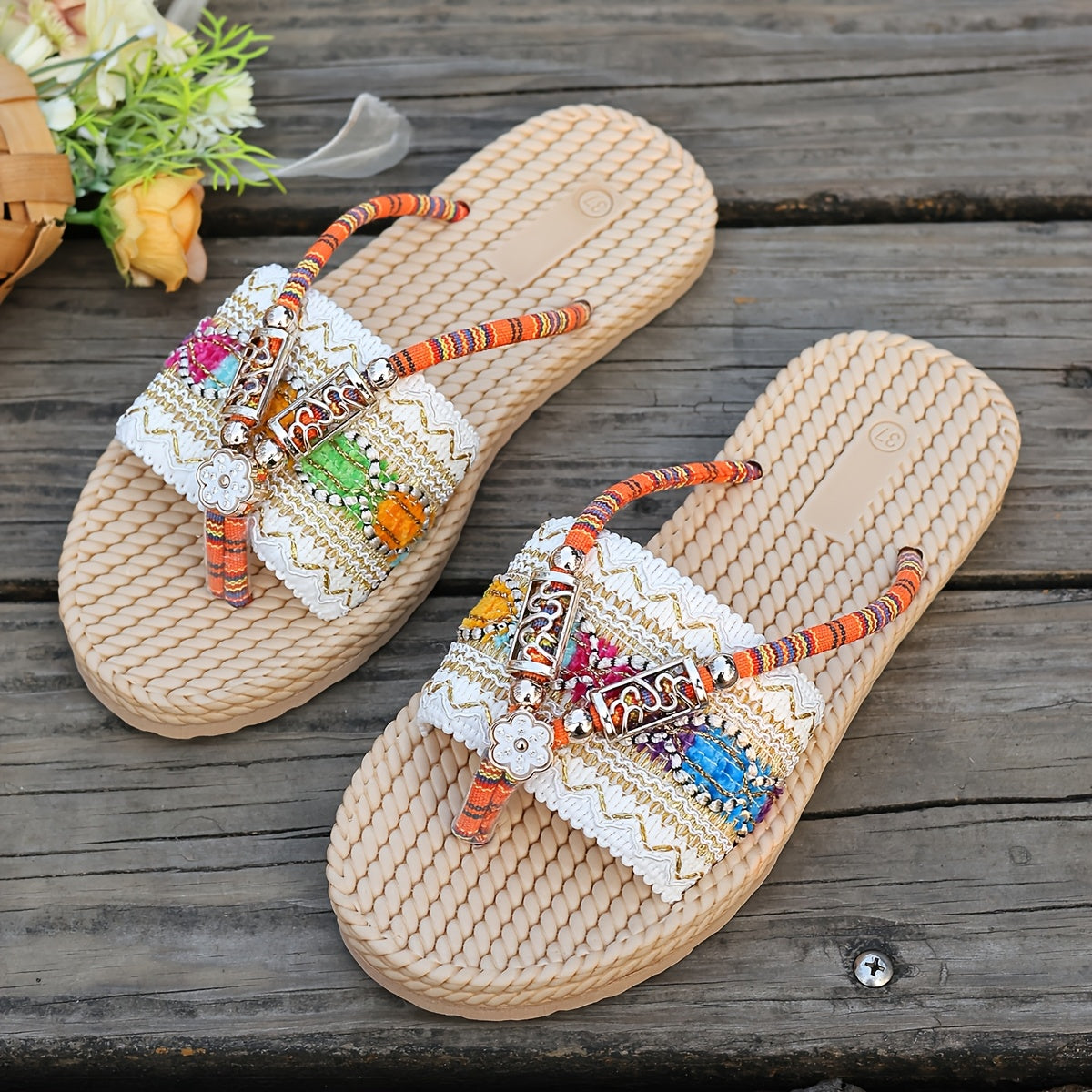Women's Beach Slip-On Sandals Non-Slip EVA Beaded Ankle Strap