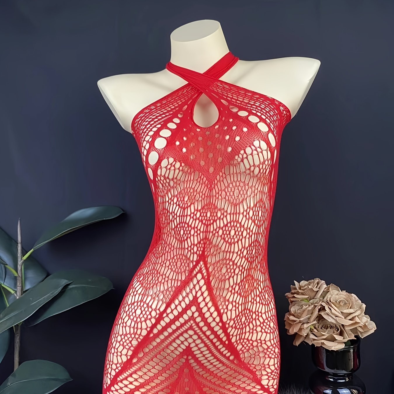 Red Lace Bodysuit with Sheer Mesh and Halter Neck for Nightclub Wear