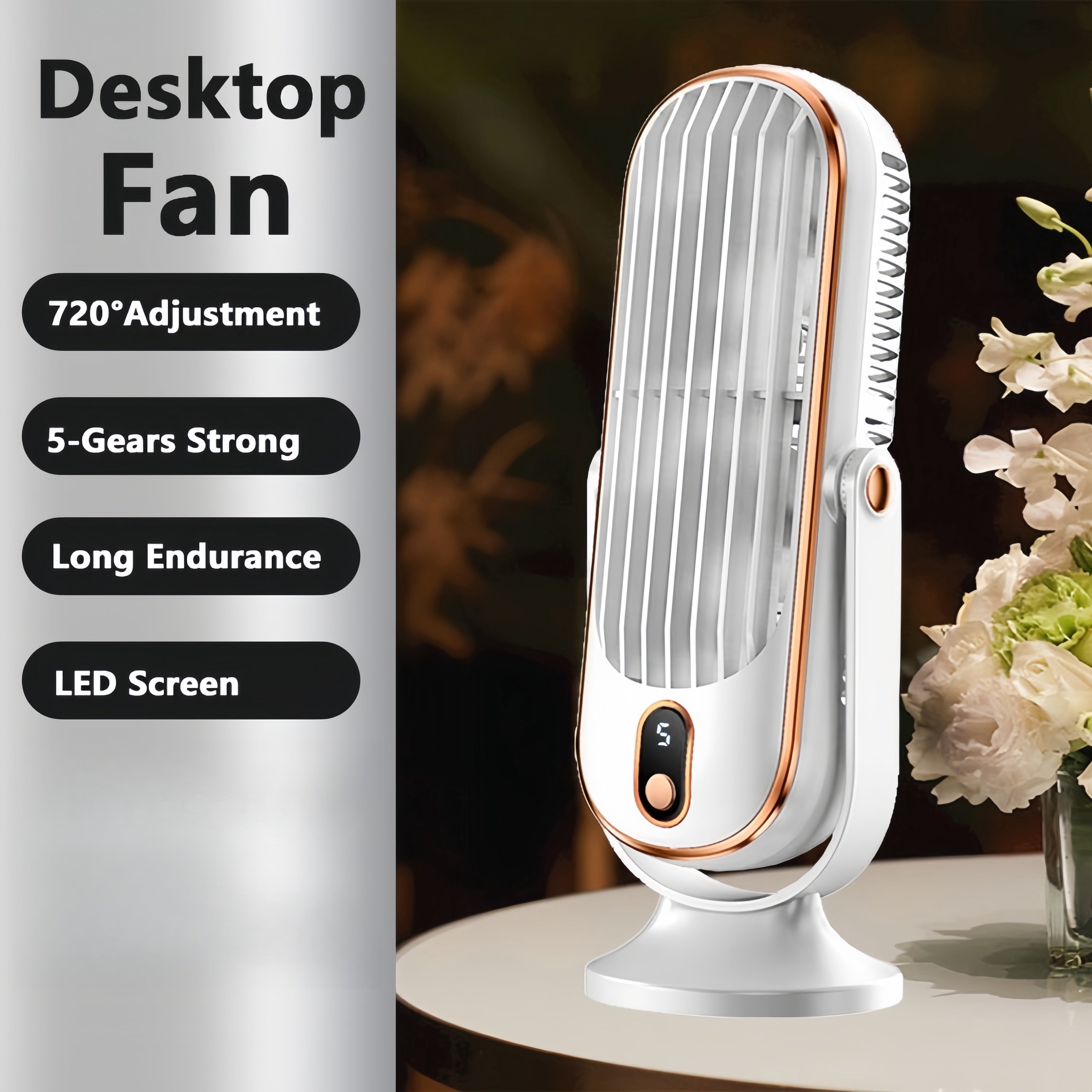 Compact USB rechargeable desk fan with dual blades 5-speed control for office bedroom use