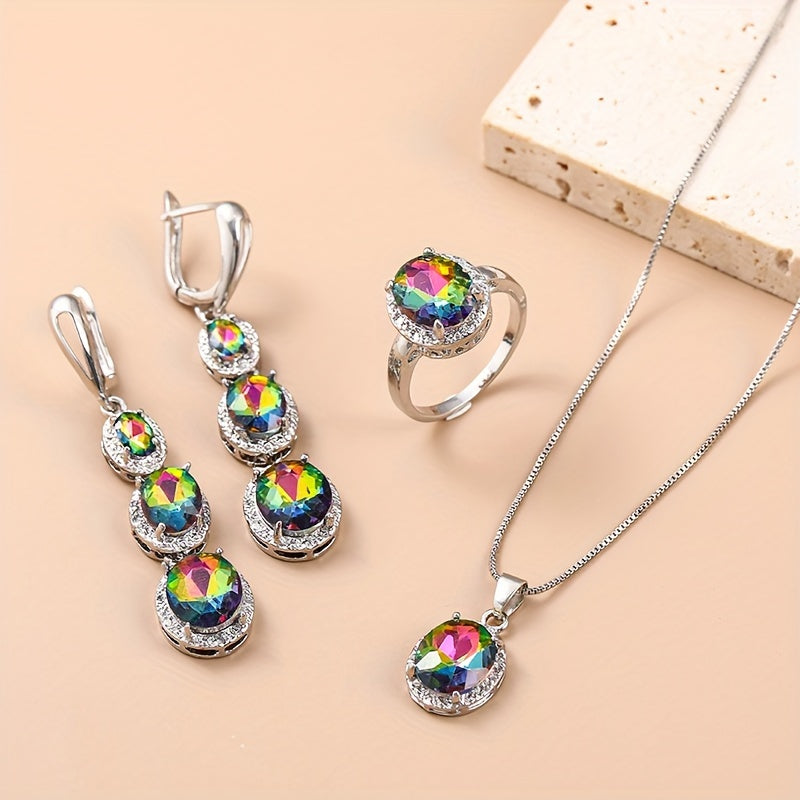 Jewelry Set with Multicolor Faux Gemstones Silver Tone Necklace Ring Earrings Cufflinks for Women