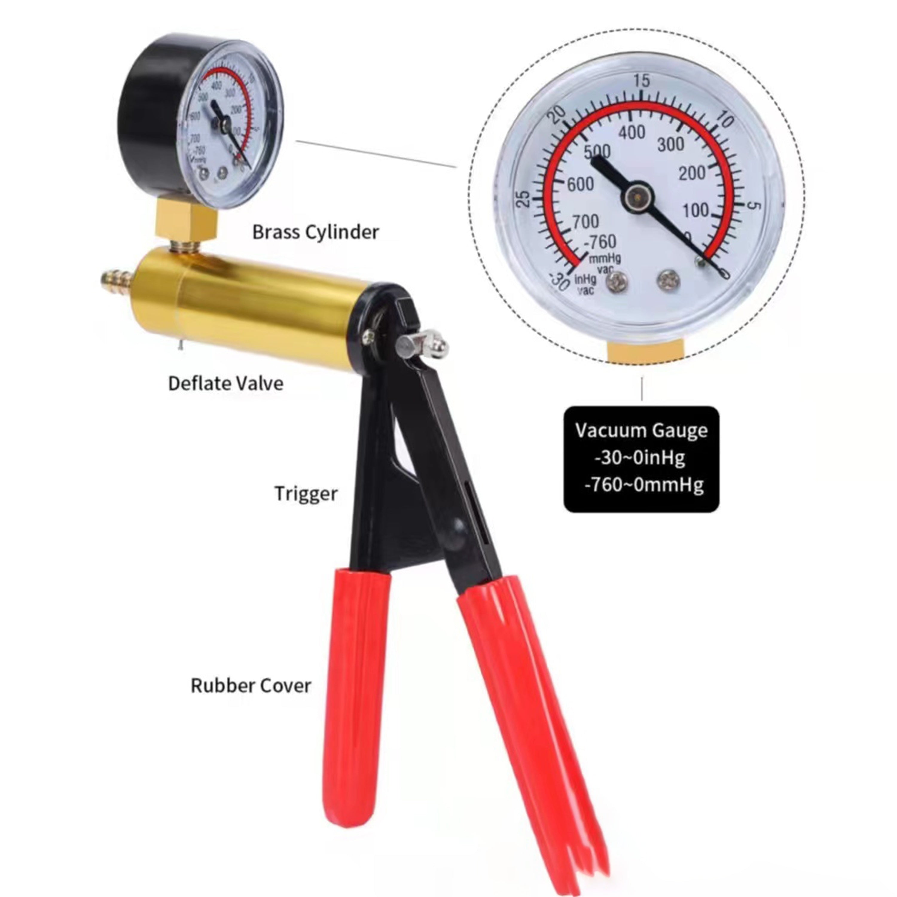 Manual Vacuum Pump Kit for Brake Bleeding and Vacuum Testing with Gauge and Adapters