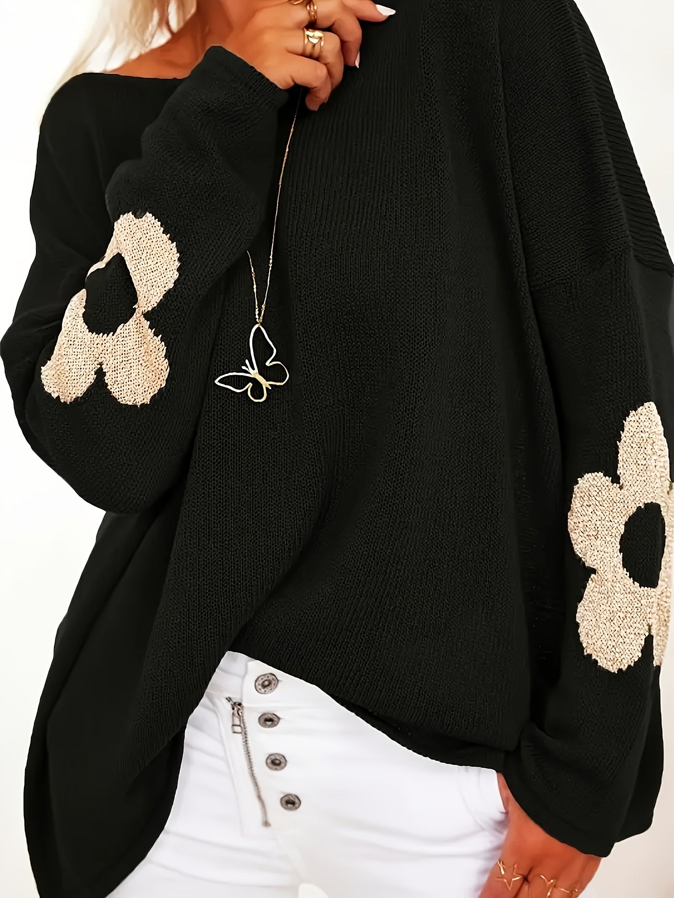 Plus Size Women's Olive Green Jacquard Sweater Long Sleeve Round Neck Autumn Winter