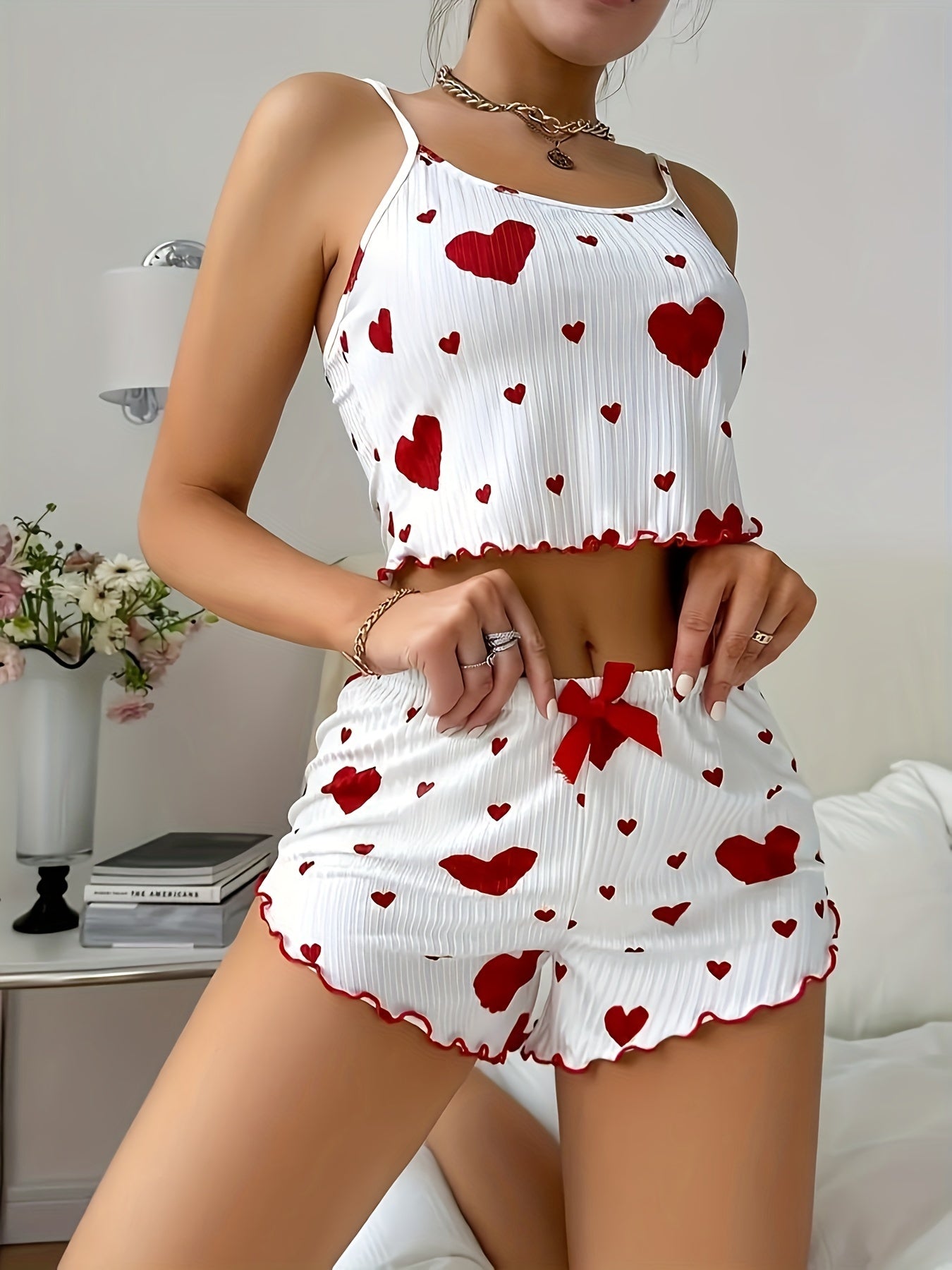 Women's Love Print Loungewear Set with Shorts and Pajama Top