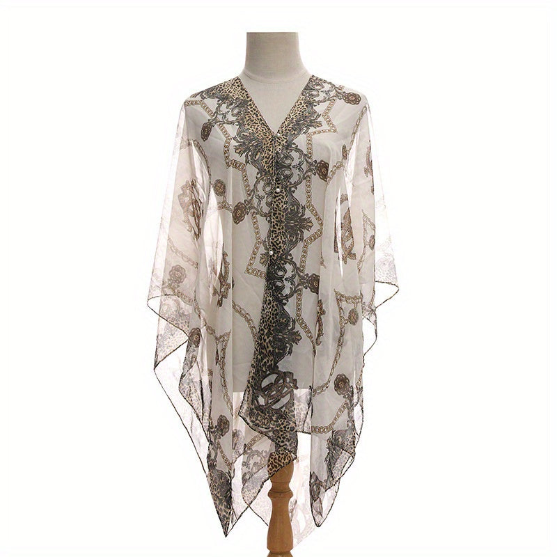 Large Lightweight Imitation Silky Shawl with Letter Chain Stripe Design for Beach and Seaside Travel