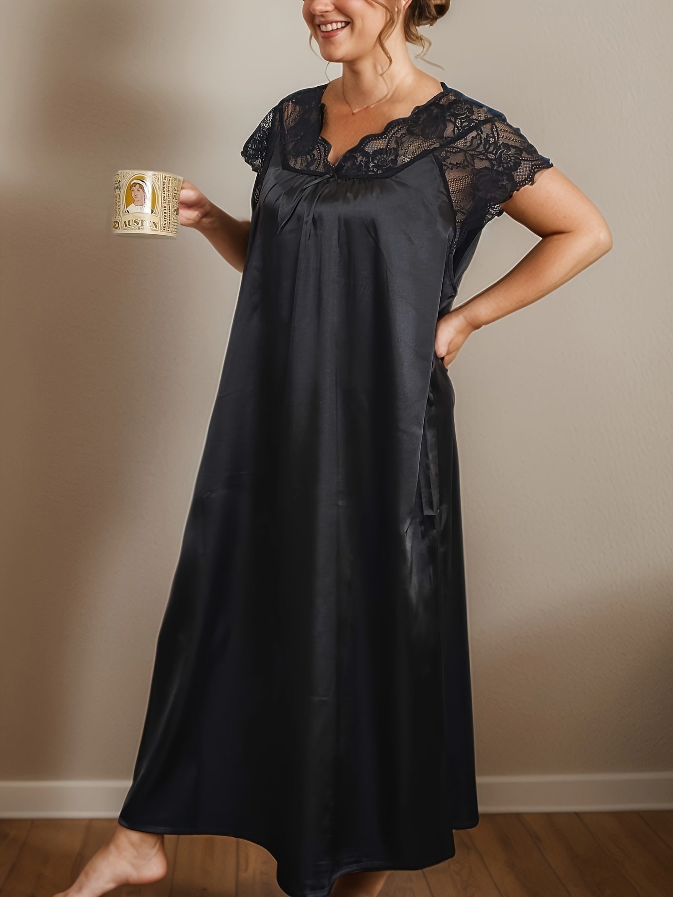 Plus Size Black Lace Trim V-Neck Nightdress for Sleep and Lounge