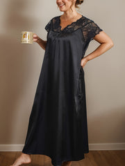 Plus Size Black Lace Trim V-Neck Nightdress for Sleep and Lounge
