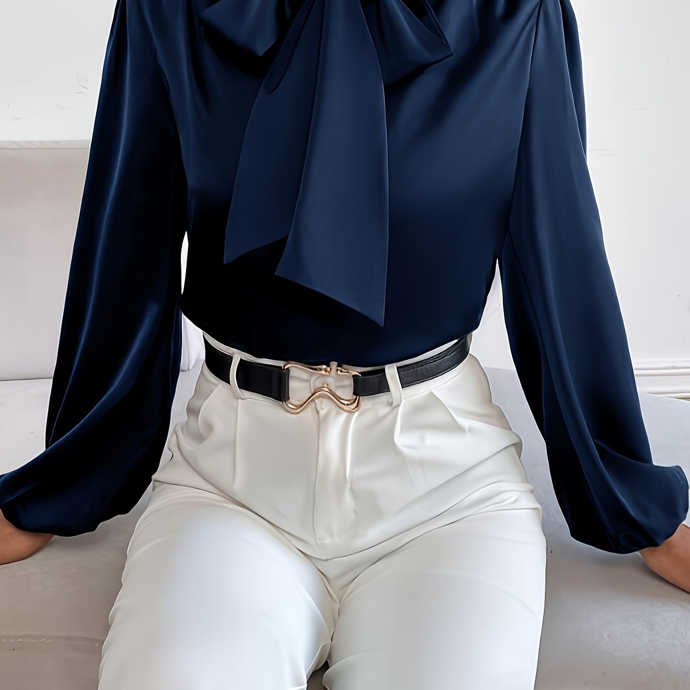 Women's Solid Color Tie-Neck Blouse for Spring and Fall