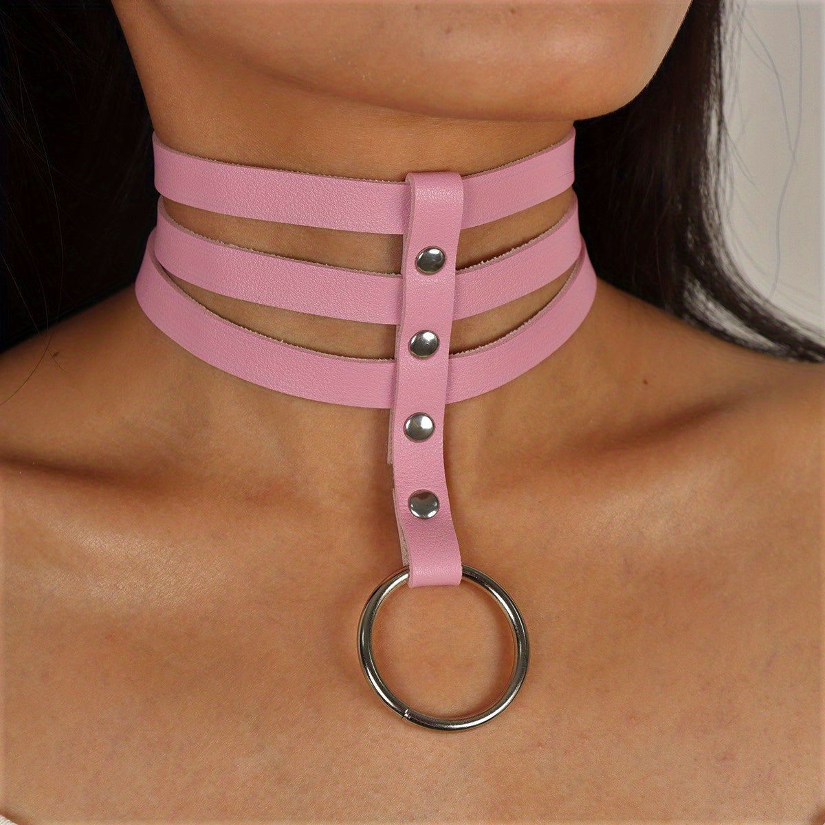 Women's Leather Punk Choker Necklace with Three Straps