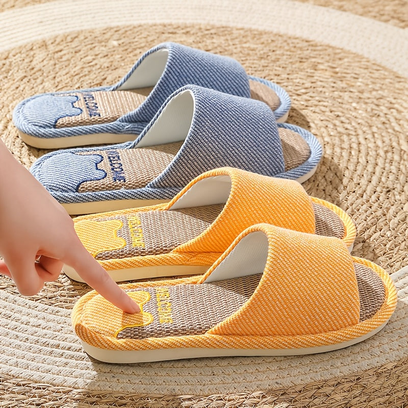 Женские льняные тапочки с мультяшным дизайном, дышащие, нескользящие, домашняя обувь