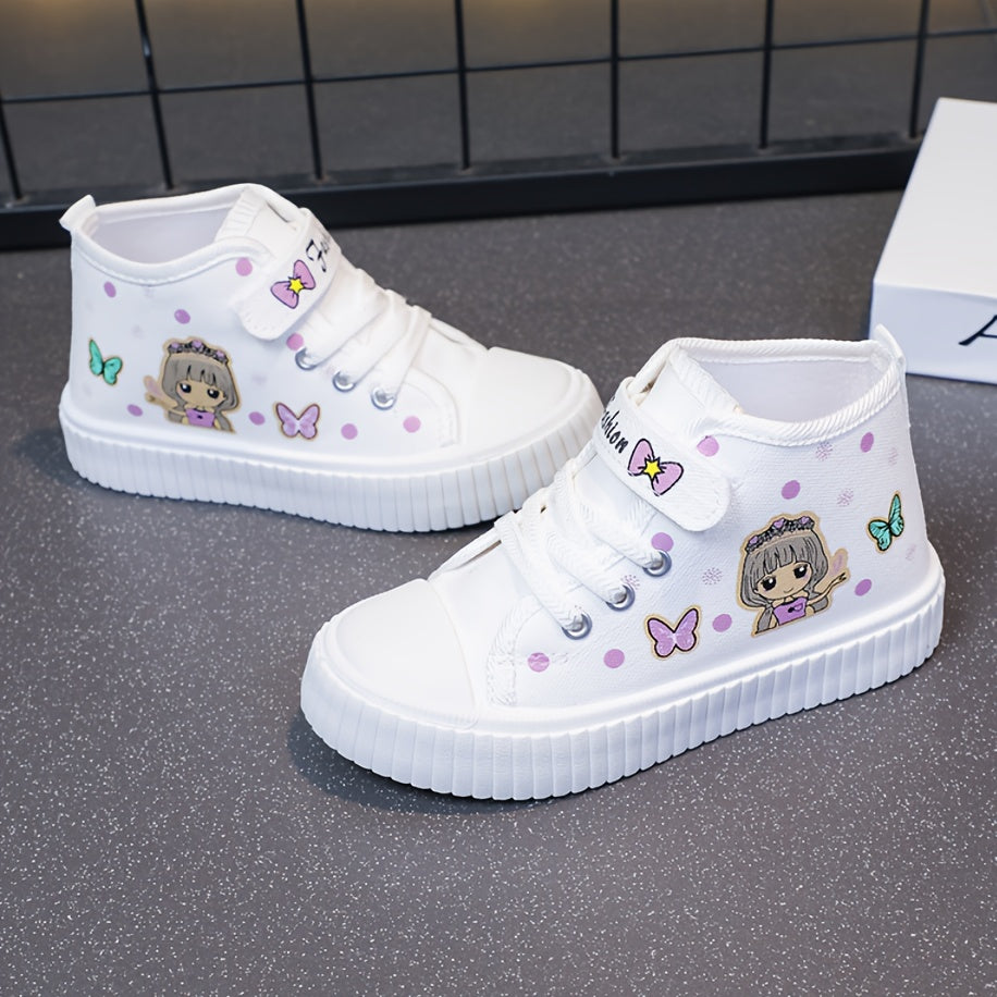Girls' Canvas High-Top Sneakers with Cartoon Pattern, Breathable, Durable Sole