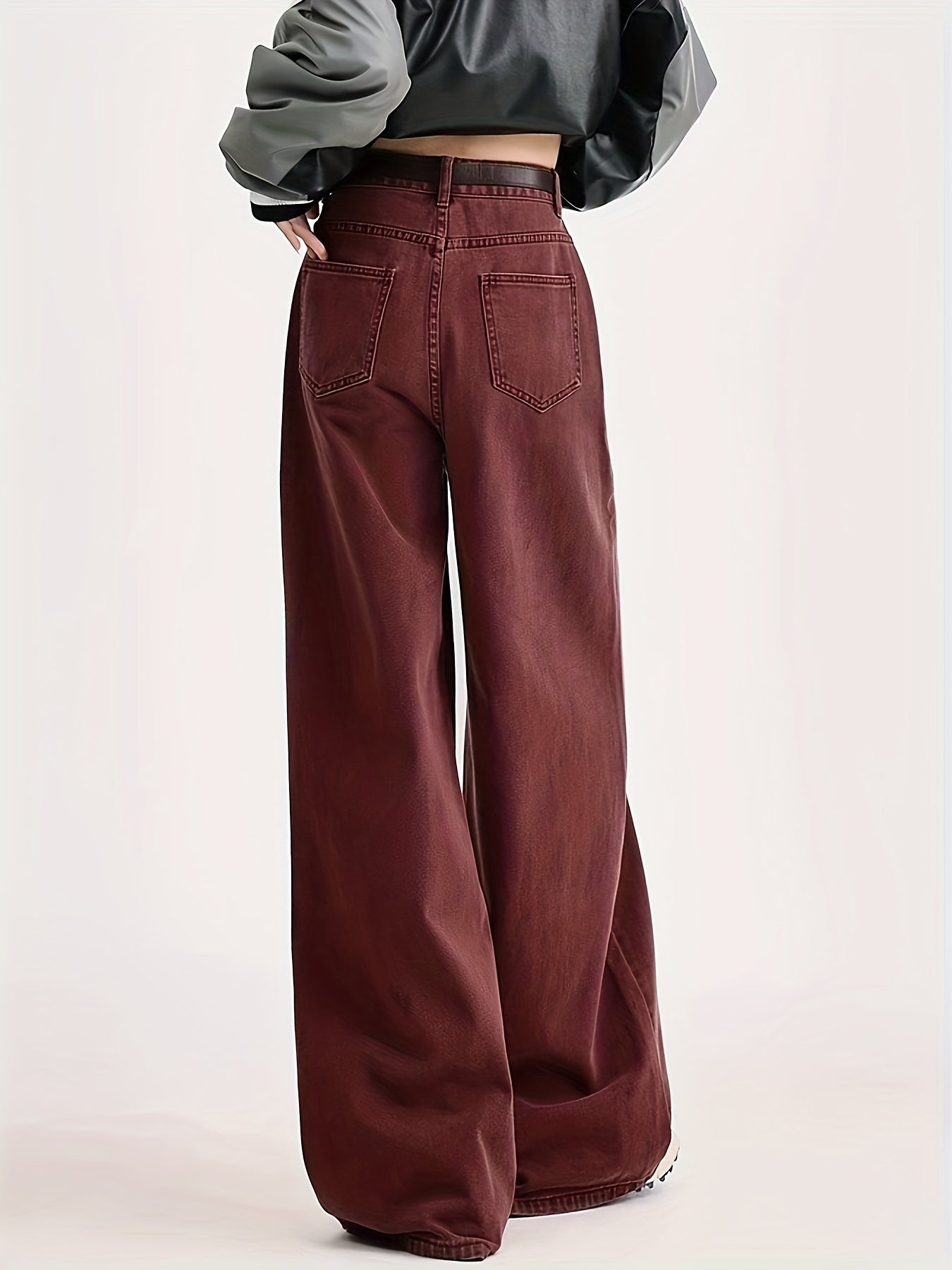 Women's Red High-Waisted Wide Leg Jeans with Slash Pockets