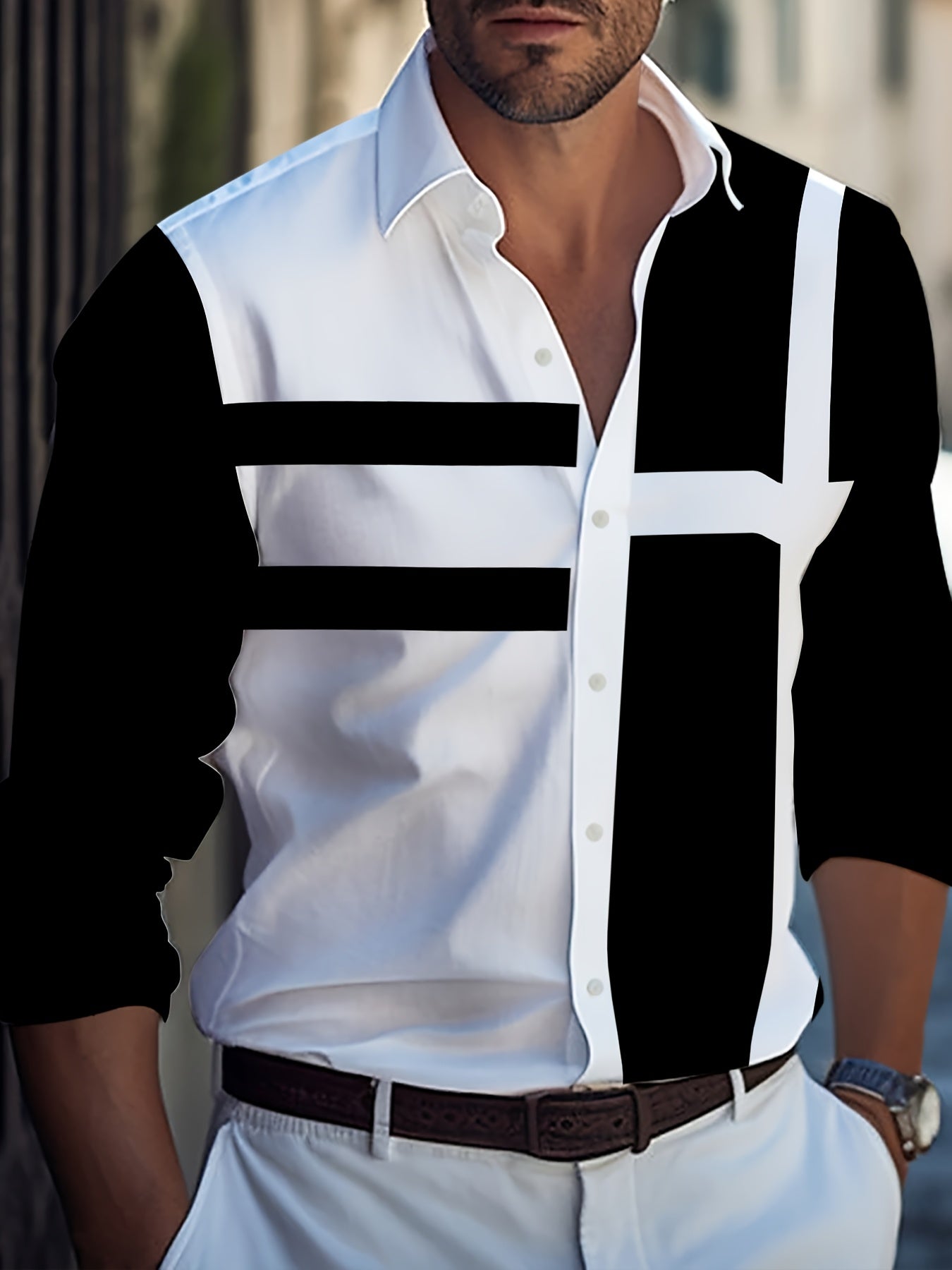 Men's Casual Golf Shirt Long Sleeve Black White 3D Print Polyester Woven Regular Fit Lapel Collar Spring Fall Plus Size