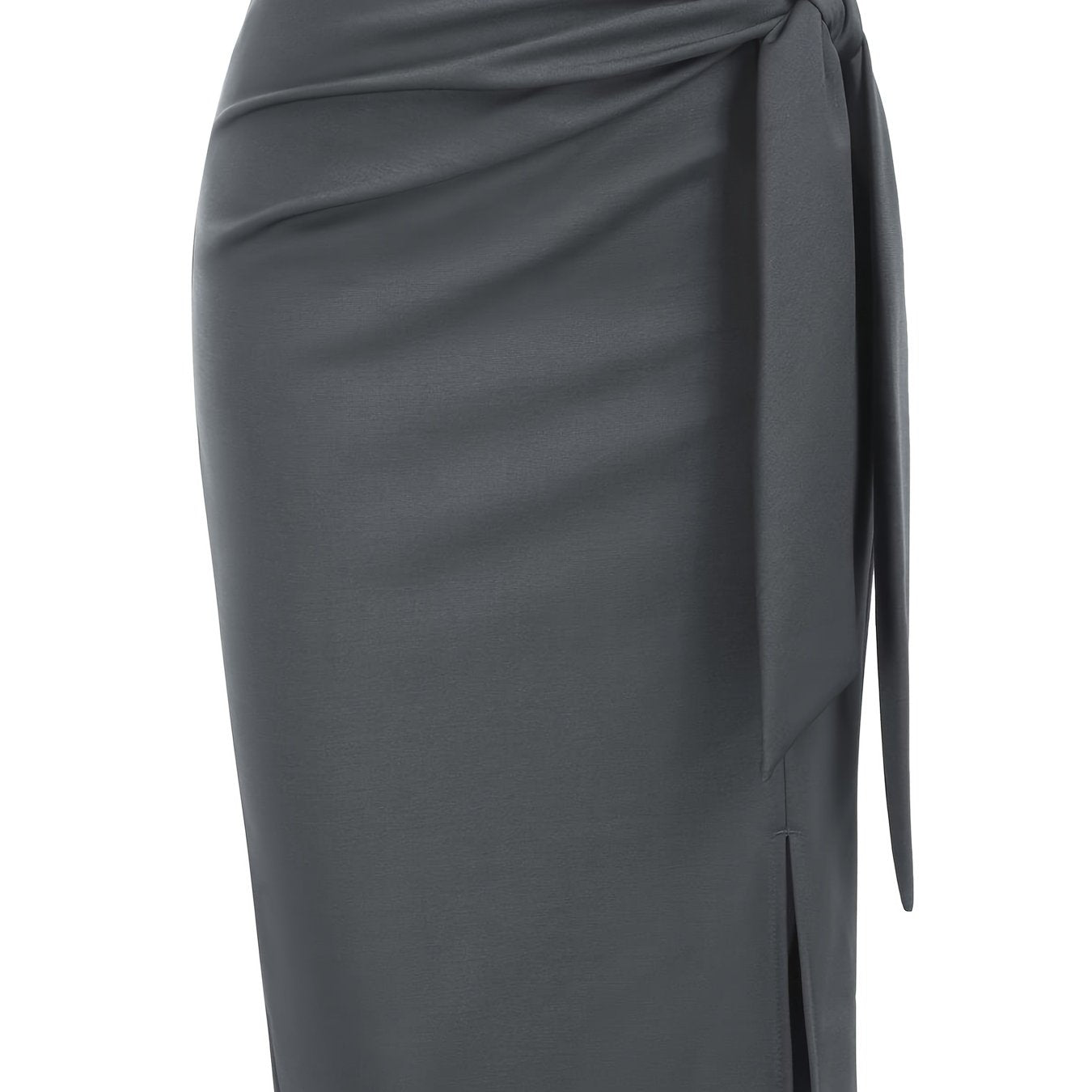 Women's High-Waisted Knee-Length Skirt with Bow and Slit in Solid Color