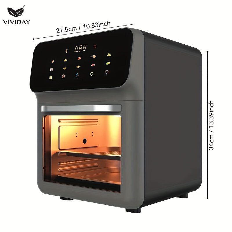 Raqamli sensorli ekran va vizual oynaga ega ko‘p funksiyali havo qovurgich, kichik oshxonalarda pishirish, shashlik qilish, qayta isitish va yog‘siz qovurish uchun ideal.