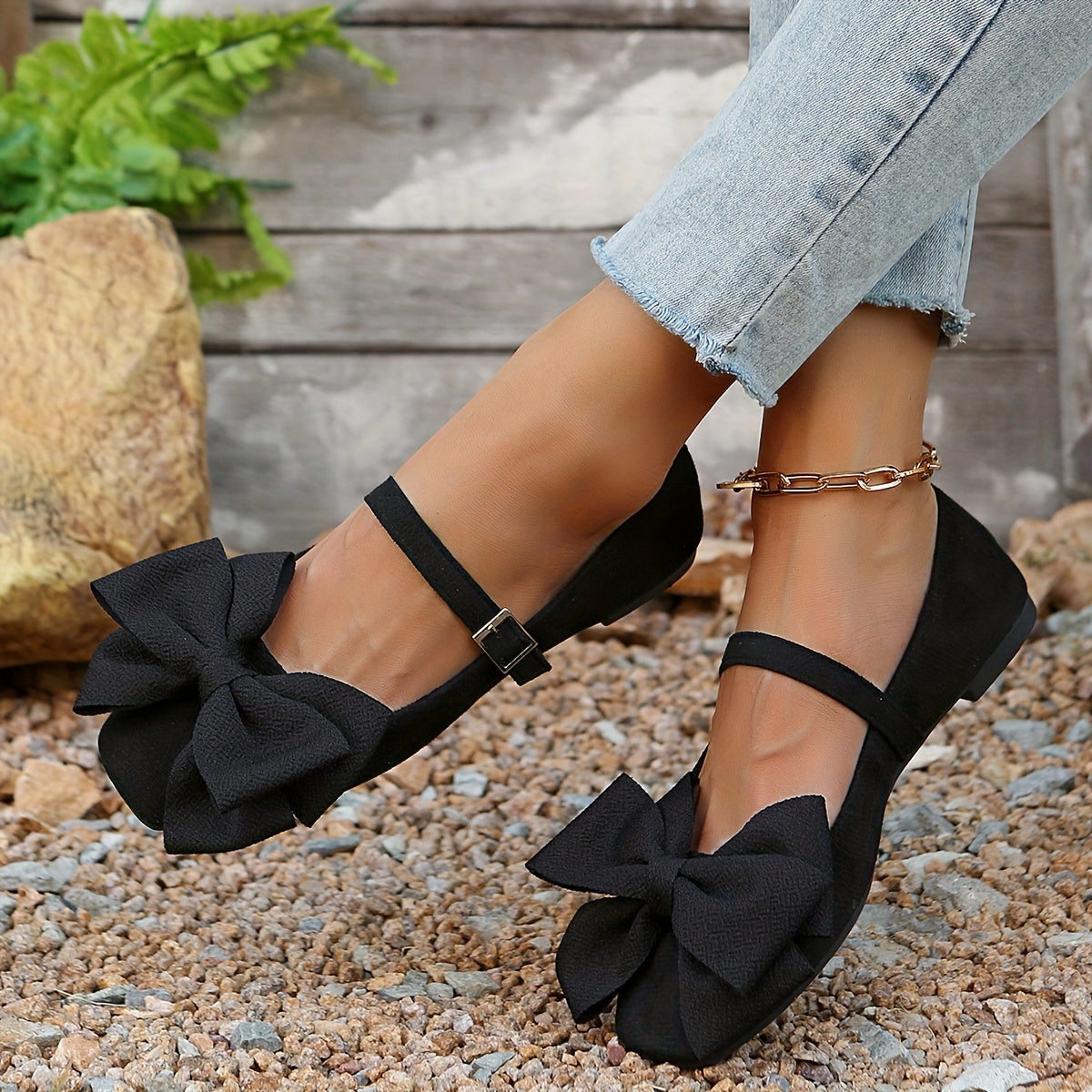 Women's Flats with Bow and T-Bar Closure Black Fabric Square Toe All-Season