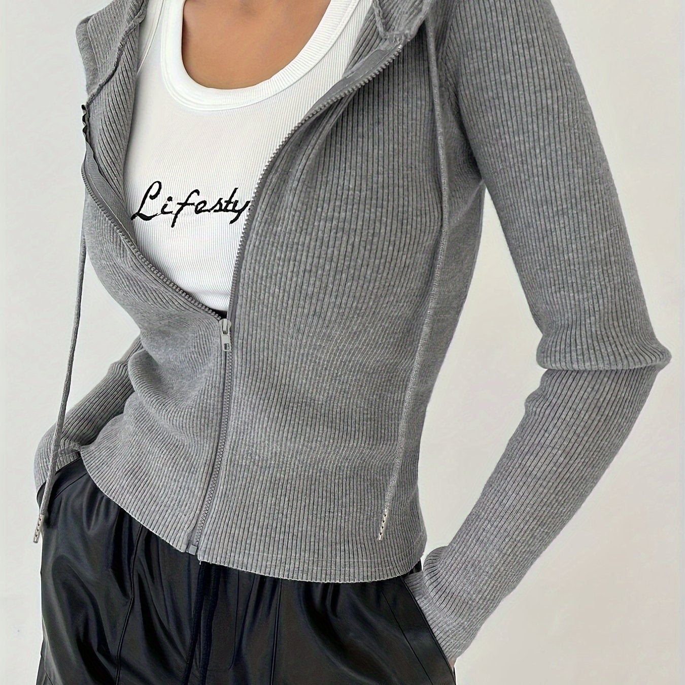 Women's Slim Fit Hooded Jacket with Ribbed Knit Drawstrings and Zipper for Fall Winter