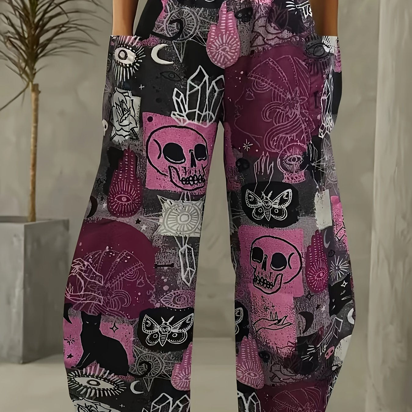 Plus Size Women's Loose Fit Cartoon Print Wide-Leg Pants Black Pink Skull Floral Casual Trousers