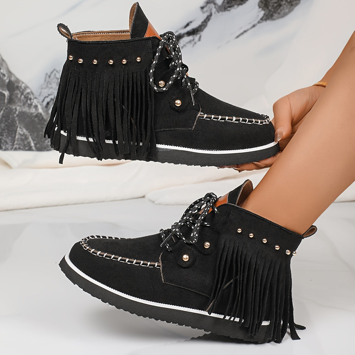 Women's Nubuck Velvet Ankle Boots with Tassel Trim Non-Slip Warm Flats