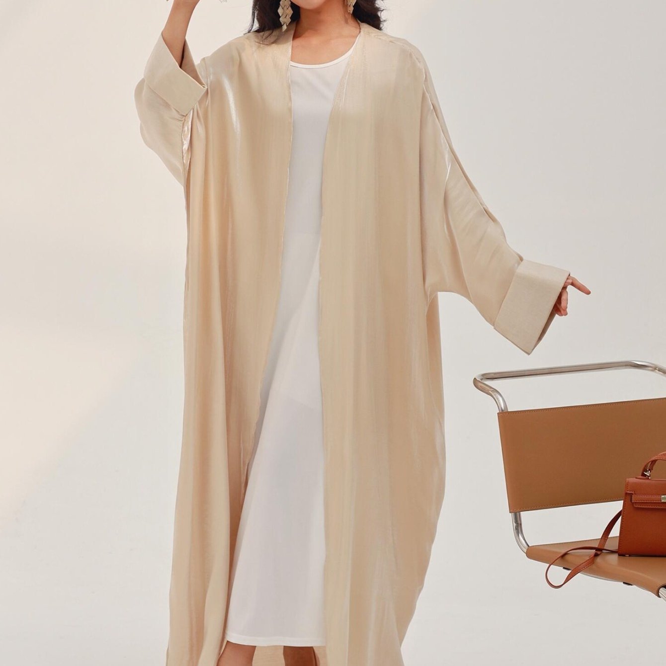 Plus Size Turkish Kaftan Dress Satin Finish Long Sleeve Pink Ankle-Length