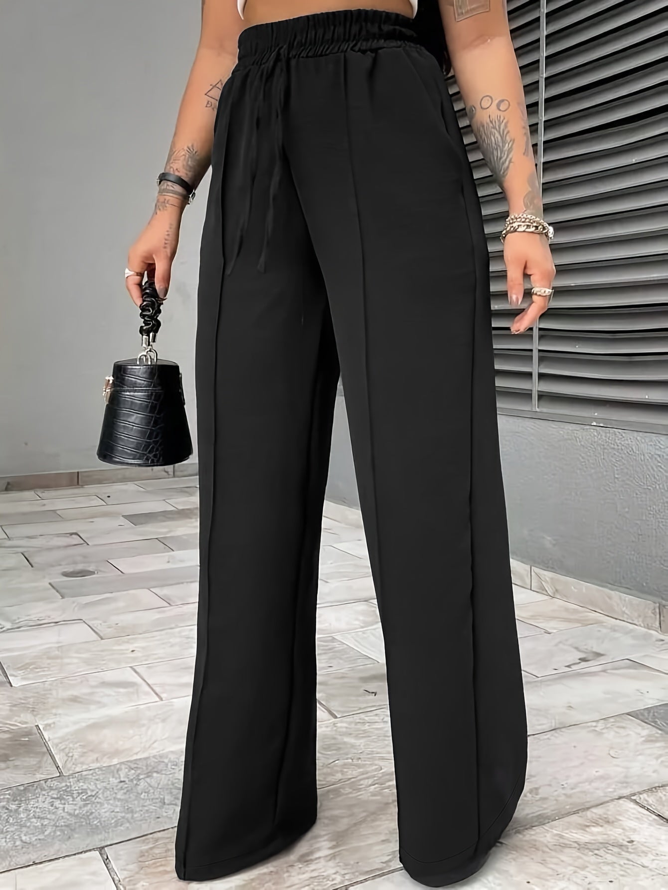 Women's Plus Size Casual Pants with Elastic Waist Pockets Solid Color