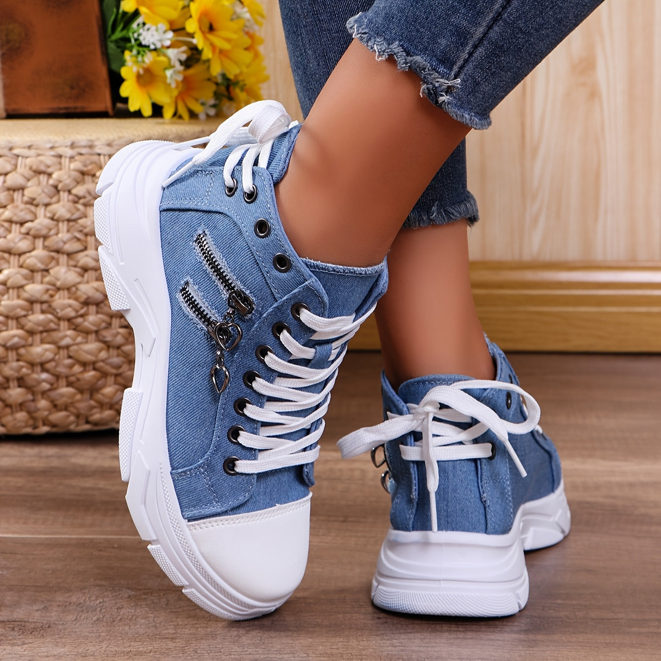 Men's Casual High-Top Sneakers Blue Denim Lace-Up Rubber Sole