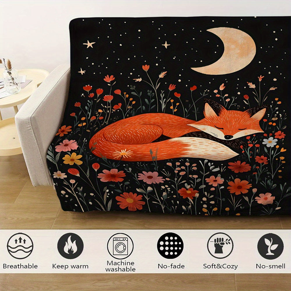 Contemporary Flannel Fleece Throw Blanket with Fox and Floral Print All-Season Warmth
